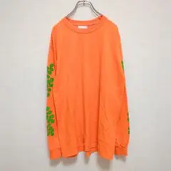 E1382 睡眠民具　袖リーフプリント　Tシャツ　オレンジ　ゆるだぼ　差し色