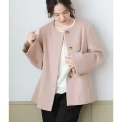 【美品】VIS 蓄熱 フレンチウール混丸首ノーカーラーショートコート M ピンク