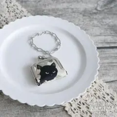 チェーンがま口*黒猫と牡丹