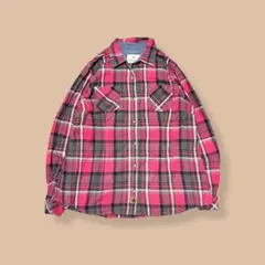 USA古着 チェック柄フランネルコットンシャツオーバーサイズ長袖ピンクグレーXL