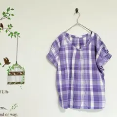 THE SHOP TK/チェックシャツ フレンチスリーブ Vネック 紫 Mのサムネイル