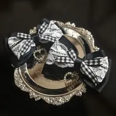 ツインヘアクリップ 量産型 地雷系 リボン ハート 白 黒 チェック レース