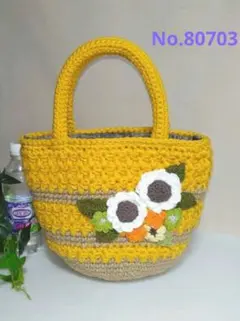 手編み麻ひもバッグ ❀ ハンドメイドお花モチーフ編みバッグ❀のサムネイル