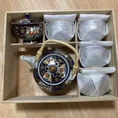 有田焼 青と白の花柄急須 中型 蓋付き湯飲み茶碗 5客セット