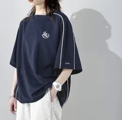 Java 完売品 ライン入り 胸刺繍サッカー Tシャツ ネイビー