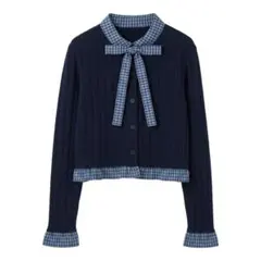 ネイビー リボン付き クロップドカーディガン