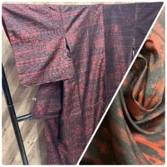 ポ*モ様 z977 正絹 赤地に黒 総柄 紬 着物 袷着物 無地八掛 広衿 10