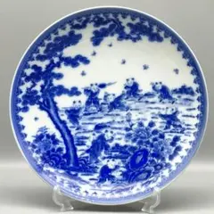 明治鍋島焼 染付 九人唐子 岩牡丹松樹文 七寸皿　二重角「肥前鍋島」銘