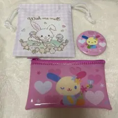 新品未使用 サンリオ プチ巾着メル、フラットポーチ ウサハナ＆缶バッジセット