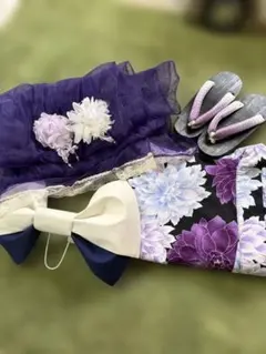 浴衣4点セット レディース 紫 花柄 浴衣 帯 下駄 髪飾り付き 花火大会 夏祭