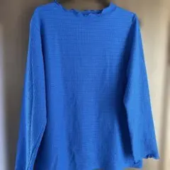 青いフリルネック長袖トップス
