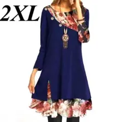 新品 3L チュニック 長袖 トップス レディース 大きいサイズ 秋 ネイビー