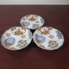 中皿 金彩 色絵付 3枚 歪み 窯傷 高台欠け 鳥文様 花文様 江戸