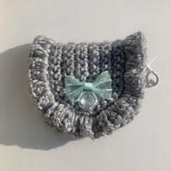 ミニポーチ　イヤホンケース　AirPodsケース　リボン ハンドメイドかぎ編み