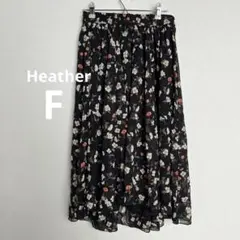 Heather フラワーシフォンイレヘムスカート　黒　花柄　フレアスカート F