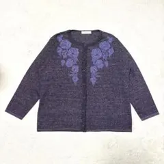 ウール100% 花刺繍 カーディガン 3L 大きいサイズ 紫 ニット レトロ