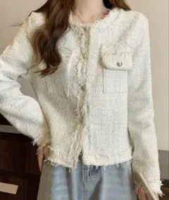 ツイードチェックノーカラージャケット