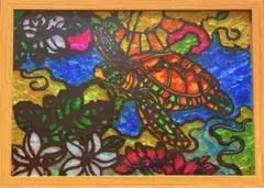 開運絵画海亀と沖縄ステンドグラスガラス絵の具手書きハンドメイドグラスデコ