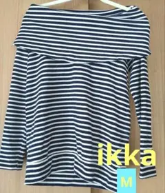 イッカ オフショルダー長袖ストライプトップス Mサイズ　ネイビー　ホワイト