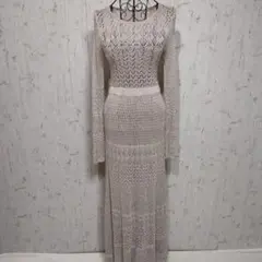 【GRL】ベージュ長袖レース編みマキシ丈ニットロングワンピース