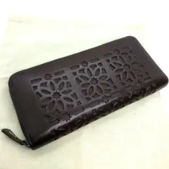 【極美品 保存袋付き】ゲンテン　カットワーク　ラウンドジップ　長財布　ブラウン