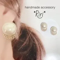 220 半パール 透かしプレート ゴールド ハンドメイド ピアス イヤリング