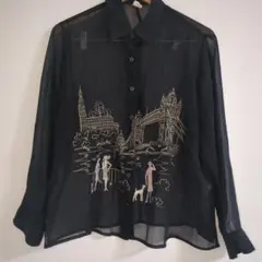 1点物 昭和レトロ ヴィンテージ 刺繍風景画の黒長袖シャツシースルー冷房対策