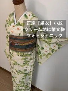 正絹【単衣】小紋　クリーム地に草花文様　椿・萩　縮緬地　 フォトジェニックのサムネイル
