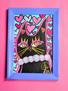 三毛猫さん】額縁付き☆ ハガキサイズ 絵画 イラスト 猫絵 猫 三毛猫