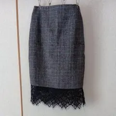グレー系チェック ブラックレース タイトスカート Mサイズ