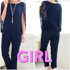 GIRL レーススリーブ パンツセットアップ ネイビー　Sサイズ