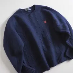 ラルフローレン　９０ｓ　ケーブルニット　ネイビー　紋章　美品