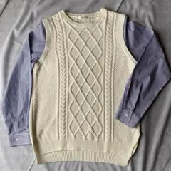 アイボリー ケーブルニットベスト ストライプ袖