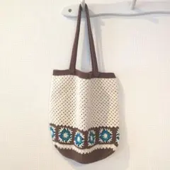 ハンドメイド　かぎ針編みトートバッグ ホワイト ブラウン