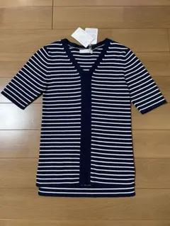 【新品】TRUDEA 半袖ニット M リブ編み ストライプ オフィスカジュアル