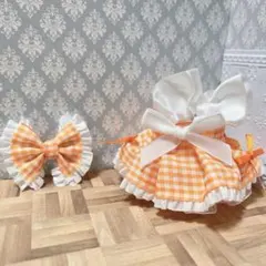 オレンジチェック柄ワンピース リボン付き 10cmぬい服