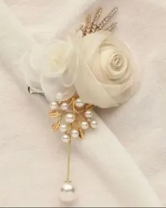 【華やか上品】コサージュ　シフォン×パールの花ブローチ❉卒業式卒園式入学式入園⑭