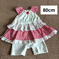 ベビー　小花　チェック　フリル　ロンパース　80cm
