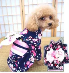 犬服 着物 花柄 ネイビー リボン付き