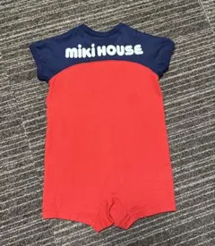 ミキハウス ロンパース 半袖 80cm 赤×ネイビー ロゴ MIKIHOUSE