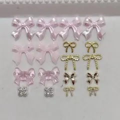 ネイルパーツ　ピンクリボン　ゴールド　クローバービジュー　パール　春