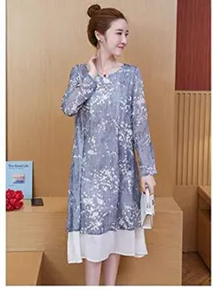 5L 新品 長袖フレアワンピース 青灰 大きいサイズ レディース 膝下 シフォン