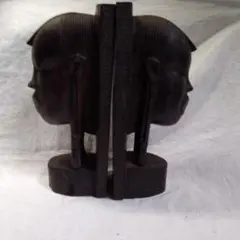 アンティーク ブックスタンドアフリカンアート風木製彫刻 二面の顔