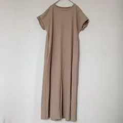 ベージュ ワッフル 半袖 ロングワンピース着丈110cm　フリーサイズ