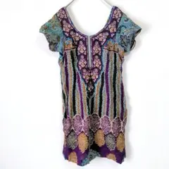チュニック　ワンピース　カラフル　半袖　総柄　パープル