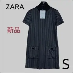 新品【ZARA】タートル半袖ワンピース ピンストライプ S ブラック