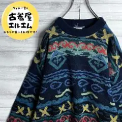 ニット☆柄ニット☆イタリア製☆ウール☆毛☆総柄☆古着☆ネイビー☆レトロ感