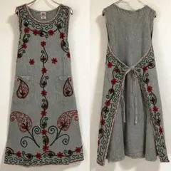 残り1点◎未使用タグ付【刺繍ワンピース風エプロン】インド綿体型カバー No217