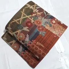 名古屋帯＊開き 市松に花菱模様 茶色 普段着物 正絹 小紋や色無地に