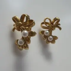 ヴィンテージ　ゴールドリボンパールイヤリング